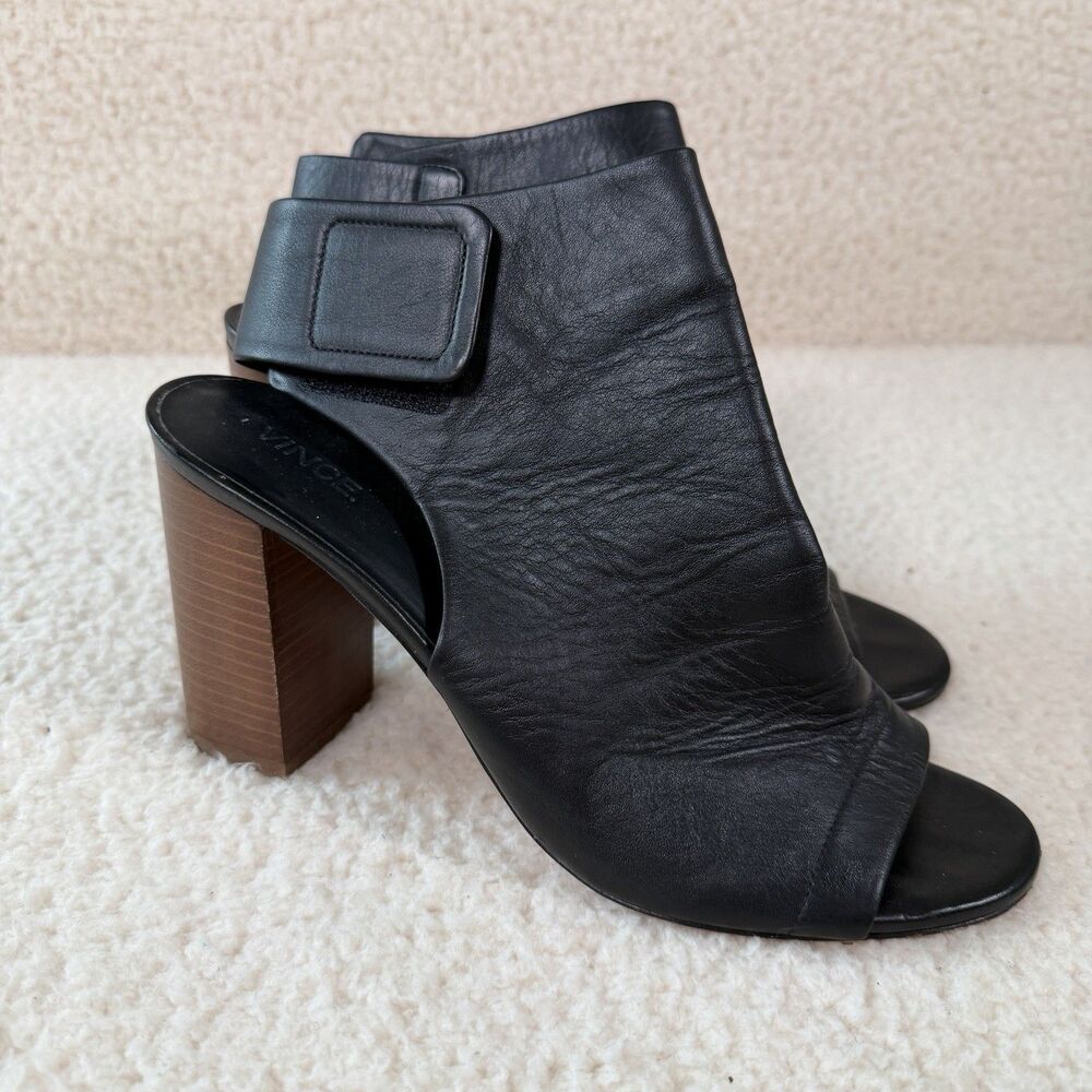 Vince Faye Open-Toe And Back Black Leather Heeled Bootie Sz 8.5